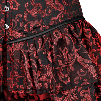 Red and Black Victorian Brocade Overbust Corset with Bustle Skirt
