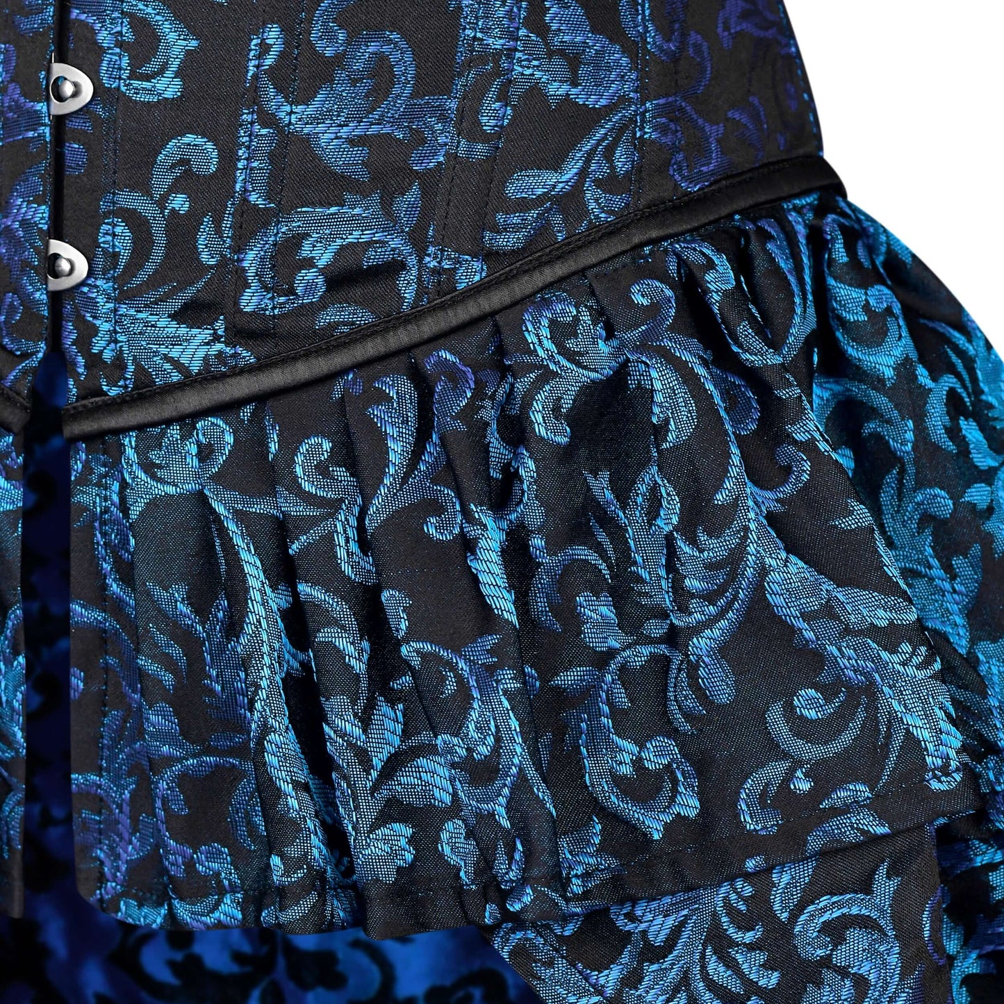Blue and Black Victorian Brocade Overbust Corset with Bustle Skirt