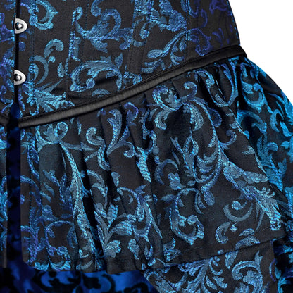 Blue and Black Victorian Brocade Overbust Corset with Bustle Skirt