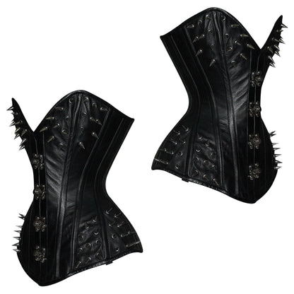 Handmade Black Spiked Steampunk Leather Steel Boned Overbust Corset