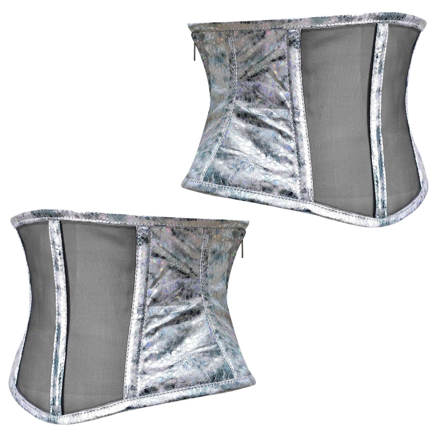 Silver crackle Holographic Sheer Mini Cincher corset/ Waist Trainer Short torso