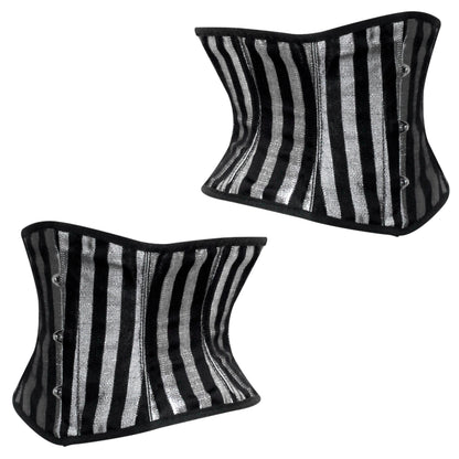 Handmade Silver Black Brocade Steel Boned Mini Cincher Corset