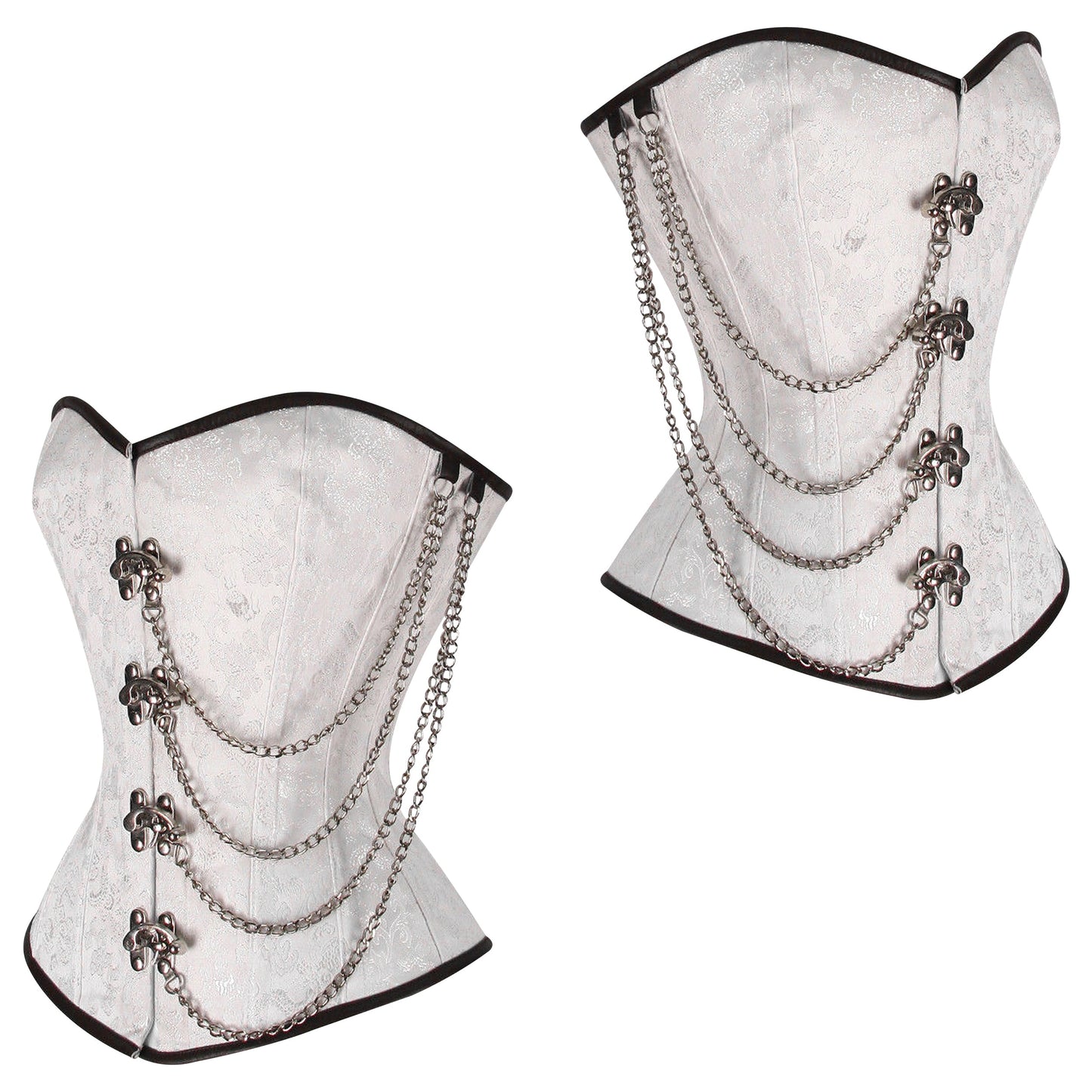 Steel Boned White Brocade Overbust corset w/ Front Clasps and Chains