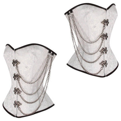 Steel Boned White Brocade Overbust corset w/ Front Clasps and Chains