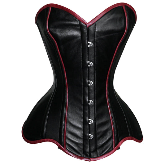 Handmade Black Red Trim Gothic Leather Steel Boned Overbust Corset
